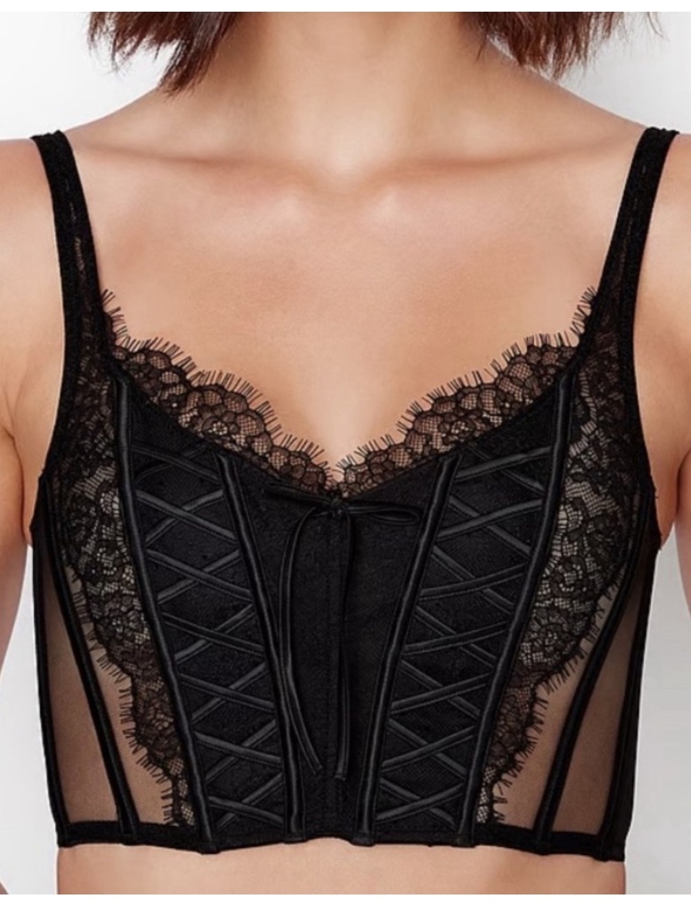 VICTORIA’S SECRET BLACK DREAM ANGELS UNLINED LACE UP CORSET BRA TOP M/DD - Picture 1 of 14